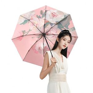 Parapluie pliant de luxe style peinture à l'huile, double couche en tissu pongé, protection solaire, 3 sections, avec sac - Product Image 3