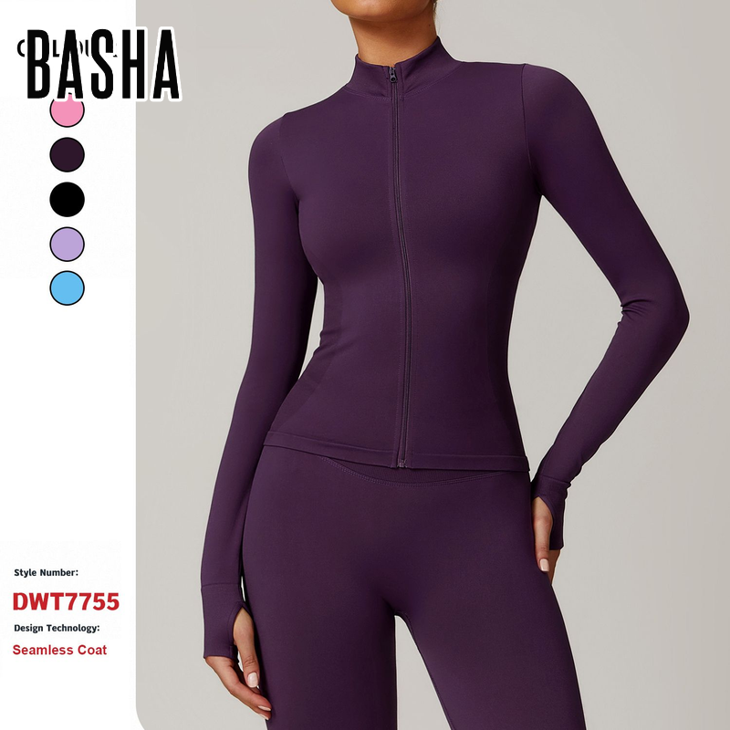 A Women Fitness Fashion Custom Made High Quality Stand up Collar Long Sleeved Top Zipper Front a High End Sports Fabric for Yoga