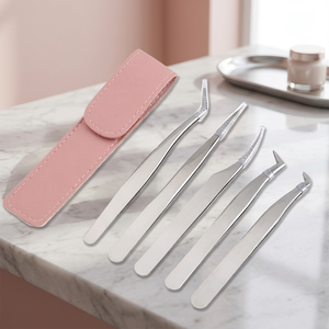 Ensemble de pinces à cils en acier inoxydable, pointe pointue de précision, 5 pièces avec étui rose - Product Image 4
