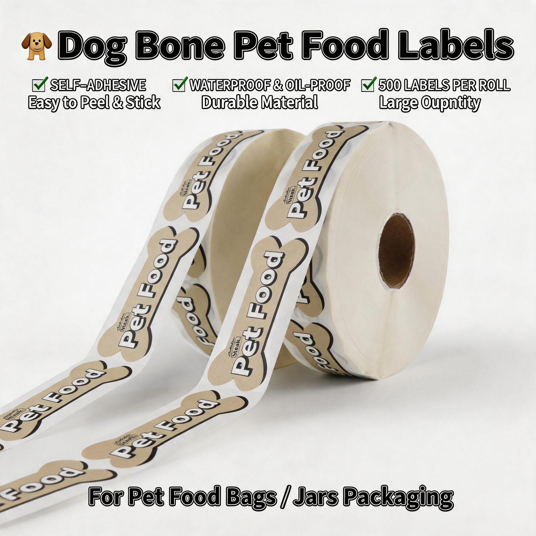 Custom Pet Food Packaging Labels Bone Shape Sticker Roll For Dog Treat Bags Pet Snack BOPP Label Sticker With Logo Printing