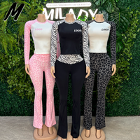 Ensemble de vêtements de sport pour femmes Milady, imprimé léopard, 2 pièces, t-shirt à manches longues, pantalon évasé taille haute, tenue de fitness, broderie personnalisée