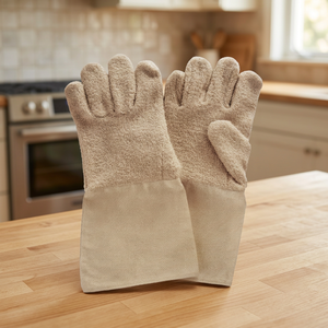 Guantes de rizo de algodón, guantes industriales de rizo de alta resistencia con doble palma, guantes de panadería de rizo de cinco dedos con puño largo de lona - Product Image 1