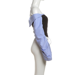 Hot Sale Long Sleeve Off Shoulder Asymmetric <b>Patchwork</b> Lace up Crop <b>Tops</b> and Blouses Fashion - Product Image 3