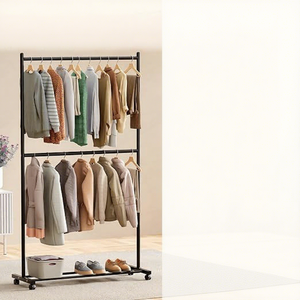 Double Tier Metal Clothing <b>Rack</b> With Wheels Minimalist Storage Holder For Wardrobe Standing Type Multifunctional Design - Product Image 2