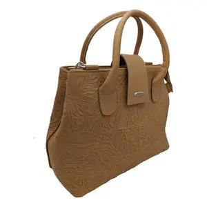 Bolso de Mano Fana Marbella de Cuero Vacuno con Estampado Floral en Relieve Color Camel, Cierre de Solapa, Dos Correas, Moderno, para Uso Diario de Mujer - Product Image 1