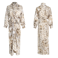 Robe longue vintage pour femme à imprimé léopard et serpent, col à revers, manches longues bouffantes, taille nouée, froncée, fente, personnalisable, vente en gros