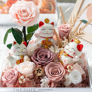 Chat porte-bonheur <span class=keywords><strong>Maneki</strong></span> <span class=keywords><strong>Neko</strong></span> fait à la main, roses éternelles carrées dans une boîte en acrylique, fleurs et plantes conservées pour un cadeau de la Saint-Valentin - Product Image 4