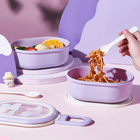 Boîte à lunch ovale à 2 niveaux avec couvercle transparent, thème lapin Kawaii, mignonne, pour enfants, avec fourchette et cuillère, fermeture à clip