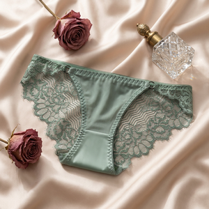 Culottes élégantes en satin tricoté pour femme, avec dentelle florale, taille mi-haute, respirantes, séchage rapide, couleur unie, douces et confortables, lingerie quotidienne - Product Image 3