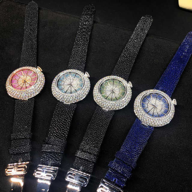 Colorful Water Resistant 40MM Dial Watches Visible Ingenious Design Mechanism Leather Band Diamond Iced Bezel Cheap Mechanical