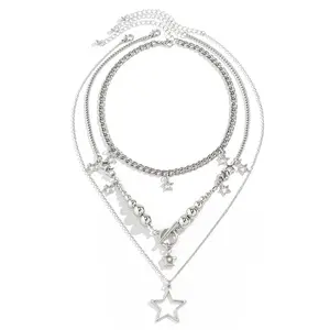 European Spice Style Star Fringe Hip Hop Round Bead Multi-layer Stainless Steel Necklace