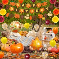 Décorations de fête d'anniversaire sur le thème de la citrouille d'automne, Bannière citrouille pour fête d'automne de Thanksgiving, Décoration de gâteau, Feuilles d'érable, Ballons, Pompons en papier