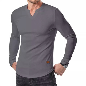 Otoño Invierno nueva moda hombres cuello en V acanalado camiseta Color sólido Casual manga larga 180 gramos tejido Color sólido camiseta - Product Image 1