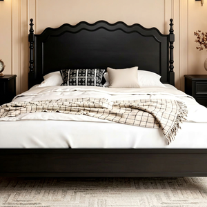 Premium <b>Queen</b> <b>Size</b> Black Wood Spindle <b>Bed</b> With Scalloped Wave Headboard For Vintage Bedroom - Product Image 1