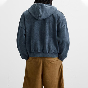 Snow Washed French Terry Distressed Embroidery Cropped Street Style Vintage Fashion Zippered Denim Hoodie <strong>Jacket</strong> for Men - Product Image 2