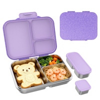 Boîte à lunch pour enfant personnalisée, mignonne, scintillante, en acier inoxydable, chauffable, avec couvercle en plastique, 3 compartiments, vente en gros directe d'usine