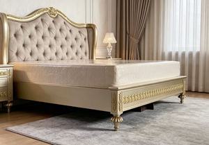 Premium Queen Size Gold Trim <b>Bed</b> With Beige Diamond Tufted Nailhead Ornate Carved Headboard For European Luxury Bedroom - Product Image 3