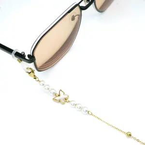 Phong cách tính khí Sling mặt nạ Chuỗi Ngọc Trai và bướm vàng trắng với kính đính cườm chuỗi Kính mát kính
