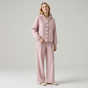 LEDUO Custom <b>Women</b> Hooded Placket <b>Top</b> And Wide Leg Trousers Soft <b>Fleece</b> Daily Casual Garment - Product Image 2