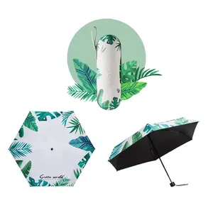 Zomer Groene Plant Print 5 Fold Paraplu Uv Bescherming Frisse Stijl Handmatige Opvouwbare Strandparasol