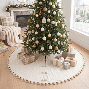 Cream Canvas Pom-Pom Toggle 58in Christmas Tree Skirt White <b>Xmas</b> Decorations Luxury Home Modern Party - Product Image 2