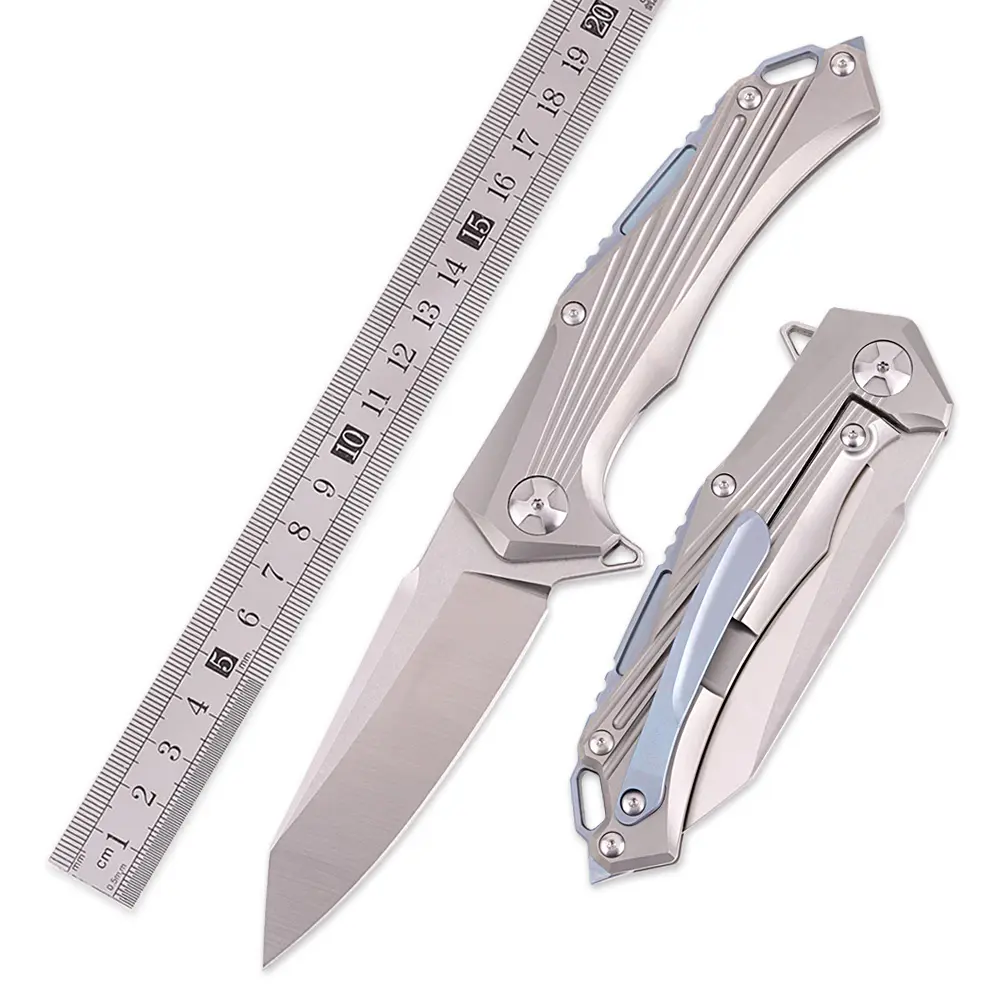 High-end Stone Sanding D2 Steel Knife TC4 Titanium Folding Pocket Self Defense Survival Knives with Sharp Window Broken Cone