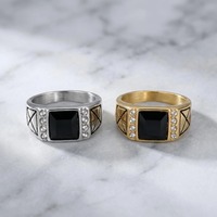 Bague signet pour homme ZG, pierre noire carrée, couleur argent et or, acier inoxydable, style vintage