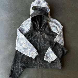 Sweat-shirt pour <span class=keywords><strong>homme</strong></span> à capuche surdimensionné avec fermeture éclair, imprimé intégral avec un logo personnalisable, motif de branche d'arbre, effet délavé - Product Image 1