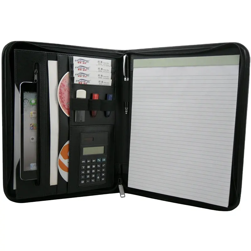 ModernQiu Handmade Professional PU Leather Zippered Padfolio A4 Bag-Style Presentation Folder with Calculator Custom Logo