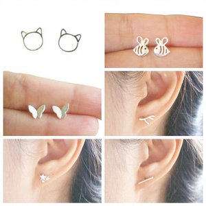 Boucles d'oreilles clous animaux mignons en argent 925 pour femme, bijoux à porter au quotidien, formes chat, lapin, papillon, étoile, arbre - Product Image 1