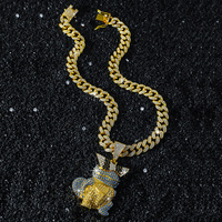 Collier pendentif tortue de dessin animé en trois dimensions de style hip-hop pour homme avec chaîne en bambou en alliage de zinc et strass en cristal