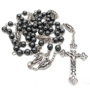 Recite Prayers Sangiti Sutta Hematite Pink Heart Chain Cross Necklace Religious Catholic Rosary Bead