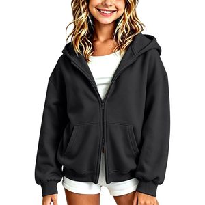 Sudadera con capucha de forro polar para niñas, con cremallera, bolsillos, suave, holgada, de manga larga, corte regular, anti-bolitas, unisex, para niños - Product Image 1