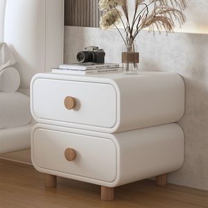 Cream-style Rounded Leather Bedside Table Nordic Style Bedroom Furniture <strong>Log</strong> Handle Double Drawer Storage Cabinet Eco-Friendly - Product Image 3