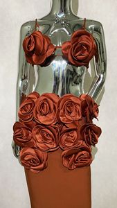 Moda <span class=keywords><strong>donna</strong></span> fiori <span class=keywords><strong>marroni</strong></span> due pezzi fasciatura Maxi gonna Set fiori 3D Top corto con gonna lunga abito da Cocktail Party - Product Image 4