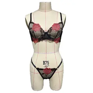 Mesh Sexy Ladies Sheer Soft Floral Bra And Panties Sets Adult Mature Women Lingerie Set lace embroidery g string and bra