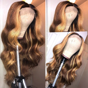 Perruque frontale en dentelle HD transparente 13x4, cheveux Remy naturels, longue ondulation, mèches balayage, couleur piano, sans colle, cheveux bruts - Product Image 2