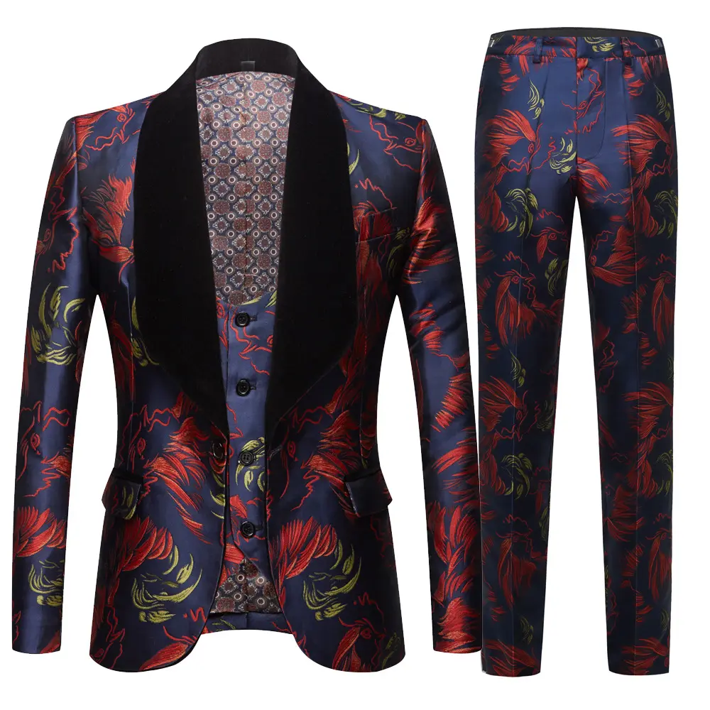 Hot Fashion Slim Fit Blazer 3 Pcs piece Set Wedding Formal Men's Suit Animal pattern jacquard men's three-piece suit