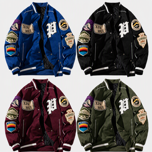Men's Embroidered Patchwork Windproof Varsity Bomber Jacket Cotton Bamboo <b>Quilted</b> Lined Baseball Chenille Patch Zipper Closure - Product Image 1