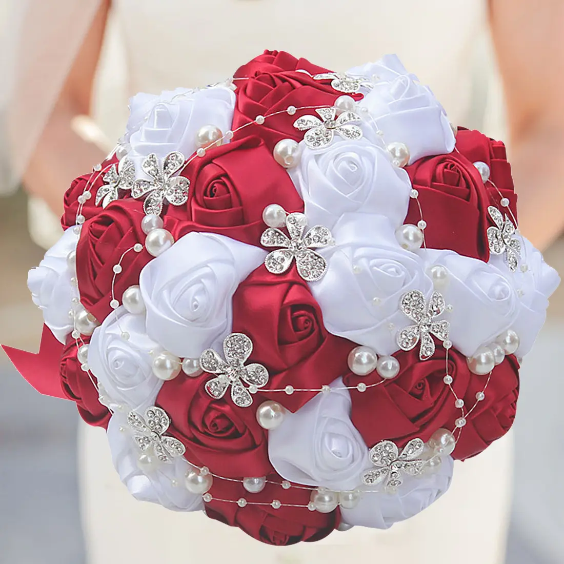 Bouquet de mariage de luxe avec fleurs, 1 bouquet, ruban en Satin cristal, réutilisable, fait à la main, en soie, pour la mariée