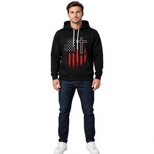 Stylish Black Printed Pullover <b>Hoodie</b> Featuring Star Stripe Graphic <b>Red</b> Accent and Cross Inspired Front Artwork - Product Image 3