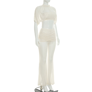 Conjunto Casual para Mujer Viviblook J26ST228, Top Corto de Malla Transparente de Color Sólido y Pantalones Acampanados, Conjunto de Dos Piezas para Damas - Product Image 2