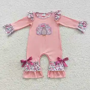 LR0358花朵蕾丝刺绣火鸡粉色长袖连身衣女婴服装婴儿用品连体衣