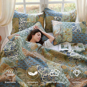 Juego de Edredón 100% Algodón, <span class=keywords><strong>Verde</strong></span>, Patchwork, Reversible, Ligero, Cubrecama, 2 Fundas de Almohada Rellenas de Poliéster, Juego de Cama de 3 Piezas - Product Image 3