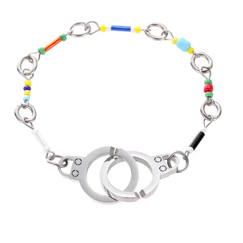 New design fashion hip hop stainless steel handcuffs seed beaded necklace and bracelets sets jewelry for men