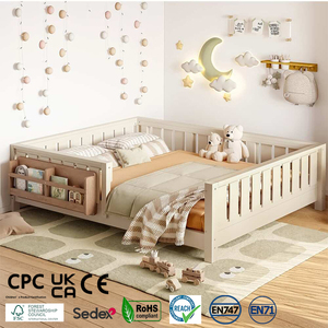 <span class=keywords><strong>Lit</strong></span> pour enfants en bois massif Montessori à profil bas, écologique, avec plateforme au sol, barrière et bibliothèque - Product Image 1