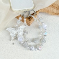 Breloque de téléphone personnalisée double couche blanche en forme de papillon, avec strass scintillants et perles, cordon de téléphone pour femme, décoration de sac cadeau