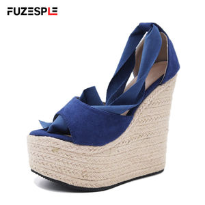 Nuova moda estiva sandali tacco alto con cinturini avvolgenti alla caviglia e spicchi in corda di canapa da 16cm espadrillas con plateau sandali con zeppa - Product Image 1