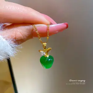 Fashion Gold Plating Titanium Steel Green Opal Apple Necklaces Cubic Zircon Apple Pendant Necklaces For Women Girls