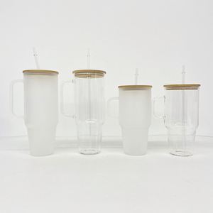 Gobelet de voyage isotherme en verre borosilicate double paroi, transparent givré, style américain, avec logo personnalisé, 32oz/40oz, pour sublimation, avec bâtonnets en bambou - Product Image 1